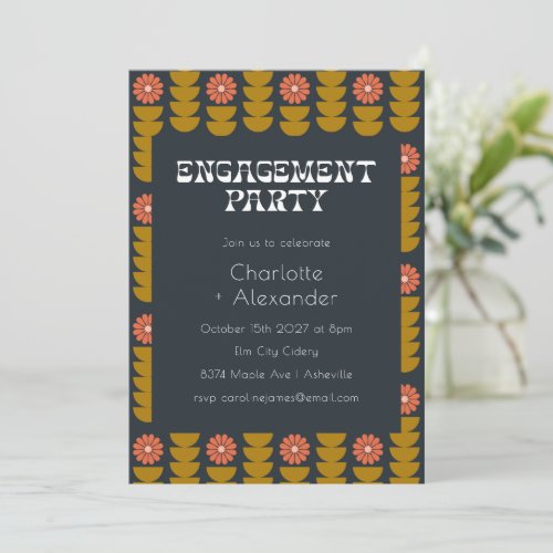 Groovy Retro 70s Floral Trendy Engagement Party  Invitation