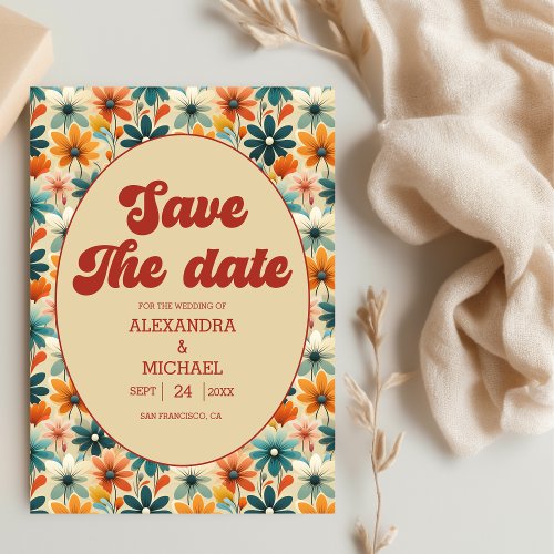 Groovy Retro 70s Floral Wedding Save The Date