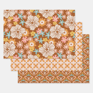Groovy Retro 70s Flowers and Geometric Patterns Wrapping Paper Sheets
