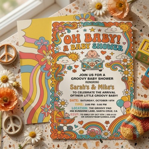 Groovy Retro 70s Hippie Daisy Bus Baby Shower Invitation