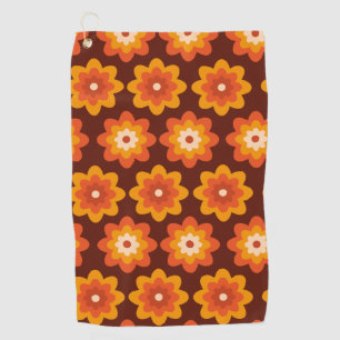 Groovy retro 70s hippie orange flowers pattern golf towel