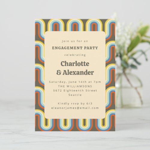 Groovy Retro 70s Olive Pattern Engagement Party Invitation