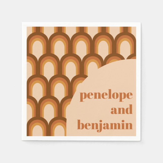 Groovy Retro 70s Pattern Brown Custom Name Wedding Napkins (Front)