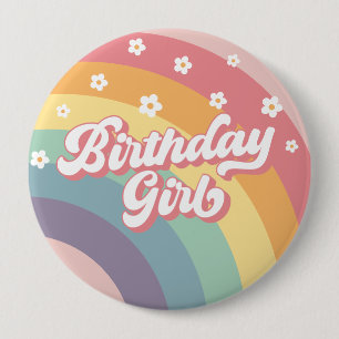 Groovy Retro 70s Rainbow Birthday Girl Button