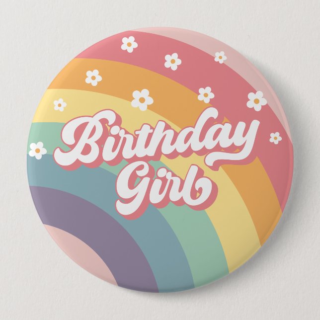Groovy Retro 70s Rainbow Birthday Girl Button (Front)