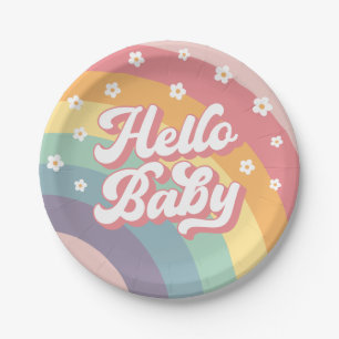 Groovy Retro 70s Rainbow Daisy Baby Shower Paper Plates