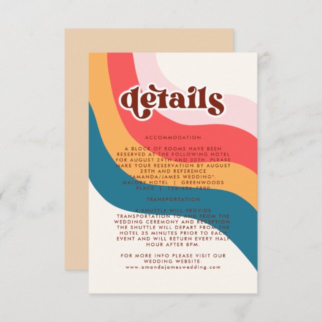 Groovy Retro 70s Wavy Lines Wedding Details Card (Front/Back)