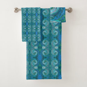 Groovy Retro Abstract Aqua and Teal Swirl Bath Towel Set