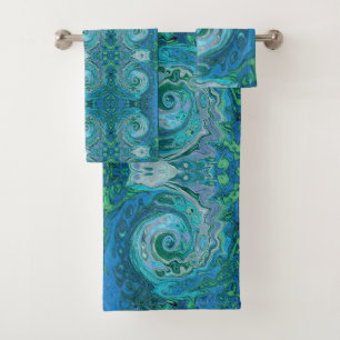 Groovy Retro Abstract Aqua and Teal Swirl Bath Towel Set