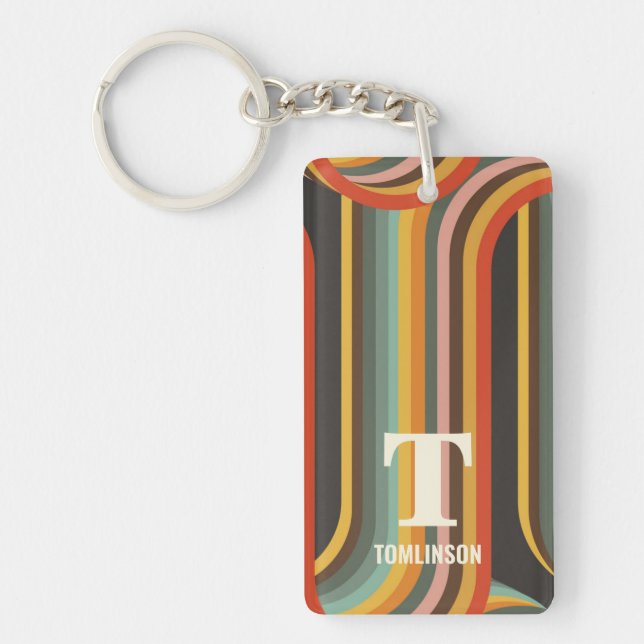 Groovy Retro Abstract Lines Monogram Keychain (Front)