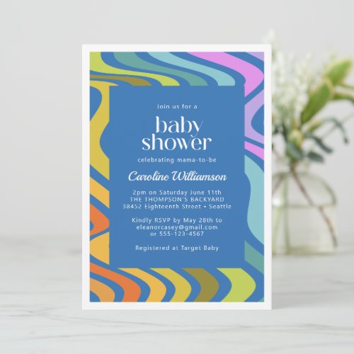 Groovy Retro Abstract Rainbow Blue Baby Shower Invitation