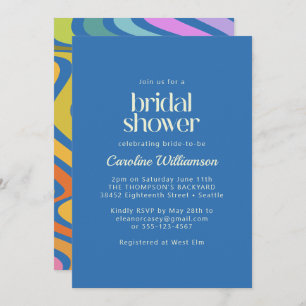 Groovy Retro Abstract Rainbow Blue Bridal Shower Invitation