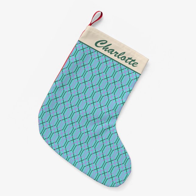 Groovy Retro Aqua Blue Pattern Personalized Name Small Christmas Stocking (Front (Hanging))