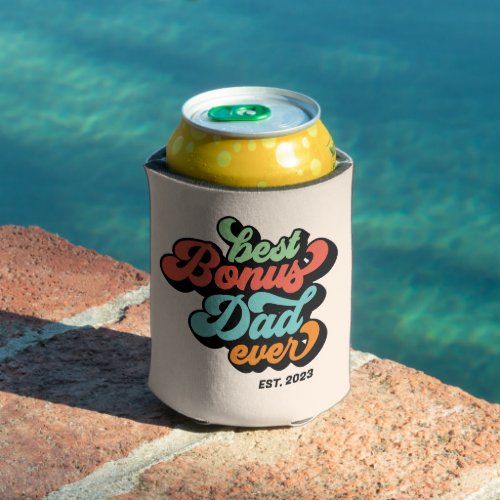 Groovy Retro Best Bonus Dad Ever Photo Fathers Day Can Cooler