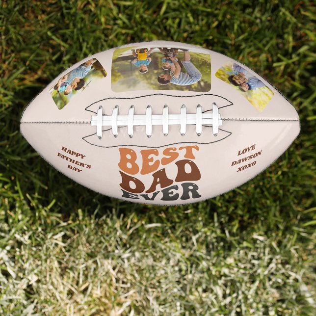 Groovy Retro Best Dad Ever 3 Photo Personalized Football (Creator Uploaded)