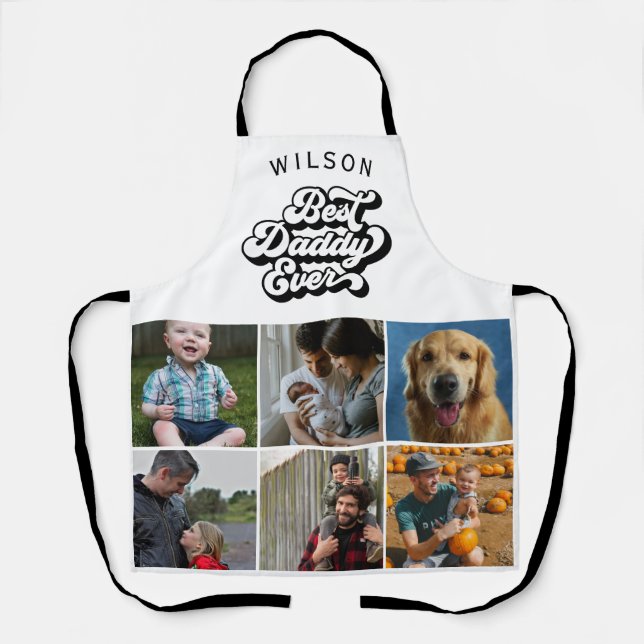 Groovy Retro Best Daddy Ever Nine Photo Name Apron (Front)