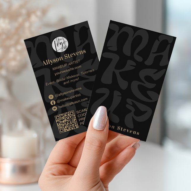 Groovy retro black logo qr code Makeup Business Card (Groovy retro black logo qr code Makeup Business Card)