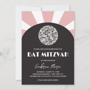 Groovy retro black pink disco ball Bat Mitzvah Invitation