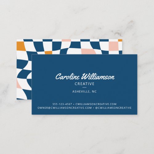 Groovy Retro Blue Abstract Checkerboard Trendy Business Card