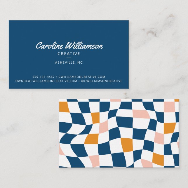 Groovy Retro Blue Abstract Checkerboard Trendy Business Card (Front/Back)