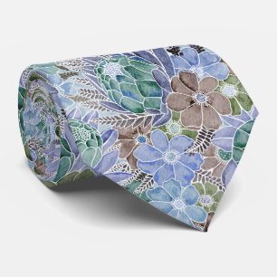 Groovy Retro Blue Protea And Daisy Pattern Neck Tie
