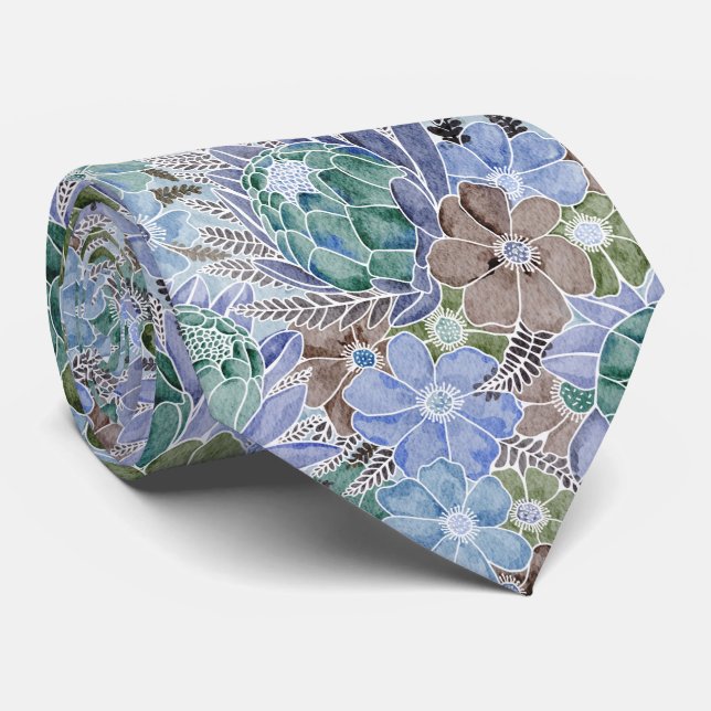 Groovy Retro Blue Protea And Daisy Pattern Neck Tie (Rolled)