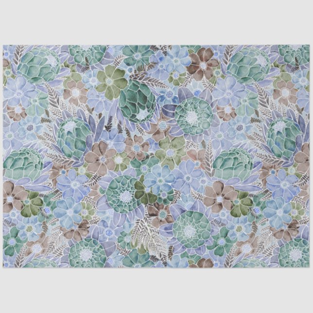 Groovy Retro Blue Protea And Daisy Pattern Wrappin Tissue Paper (Front)