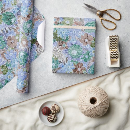 Groovy Retro Blue Protea And Daisy Pattern Wrapping Paper