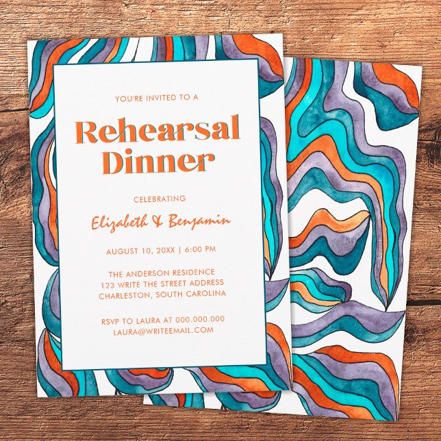 Groovy Retro Blue Wavy Wedding Rehearsal Dinner Invitation (Front and Back)