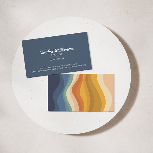 Groovy Retro Blue Yellow Wavy Lines Trendy Business Card
