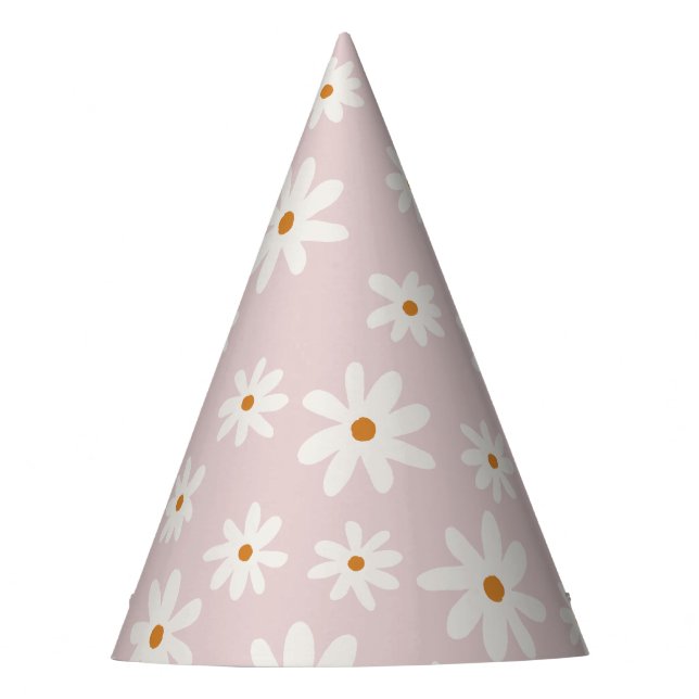 Groovy Retro Blush Pink Daisy Party Hat (Front)
