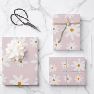 Groovy Retro Blush Pink Daisy Wrapping Paper Sheets