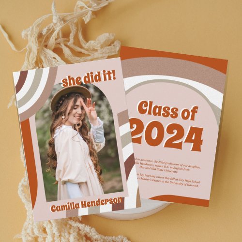 Groovy Retro Boho Arch Photo Graduation Announcement