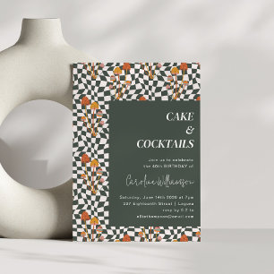 Groovy Retro Boho Checkerboard 40th Birthday Party Invitation