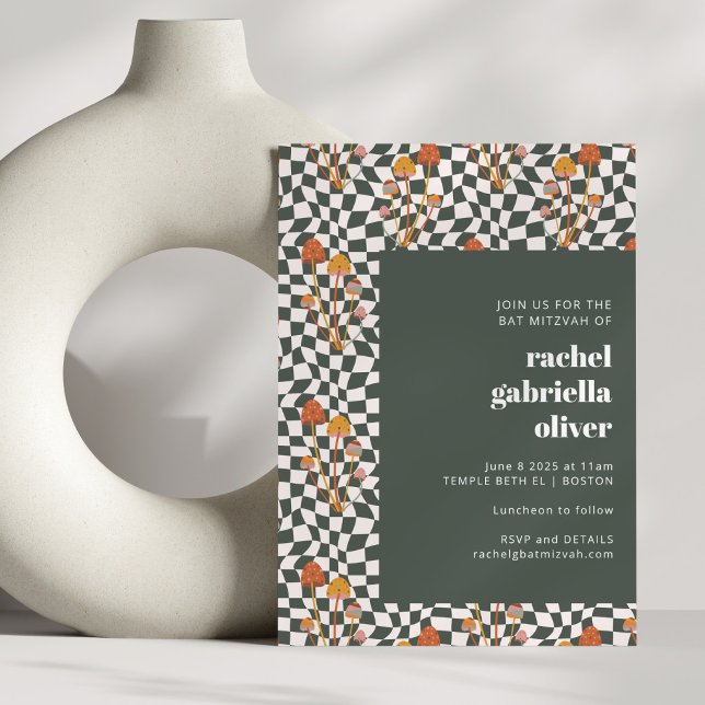 Groovy Retro Boho Green Checkerboard Bat Mitzvah Invitation (Creator Uploaded)