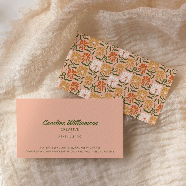 Groovy Retro Boho Peach Green Botanical Trendy Business Card (Creator Uploaded)