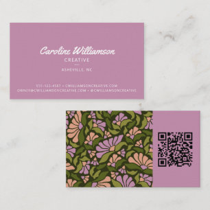 Groovy Retro Boho Purple Green Botanical Trendy QR Business Card