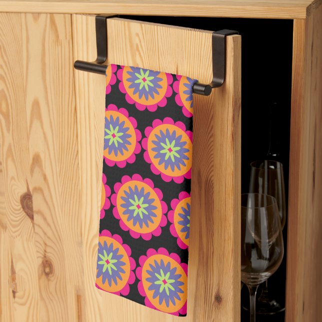 Groovy Retro Botanical Pattern Artwork Kitchen Towel (Thirds Fold)