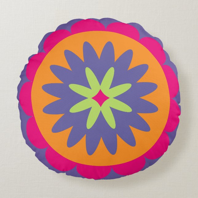 Groovy Retro Botanical Pattern Artwork Round Pillow (Front)