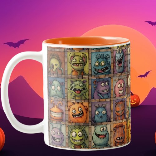 Groovy Retro Cartoon Monster Square Tiles Two_Tone Coffee Mug