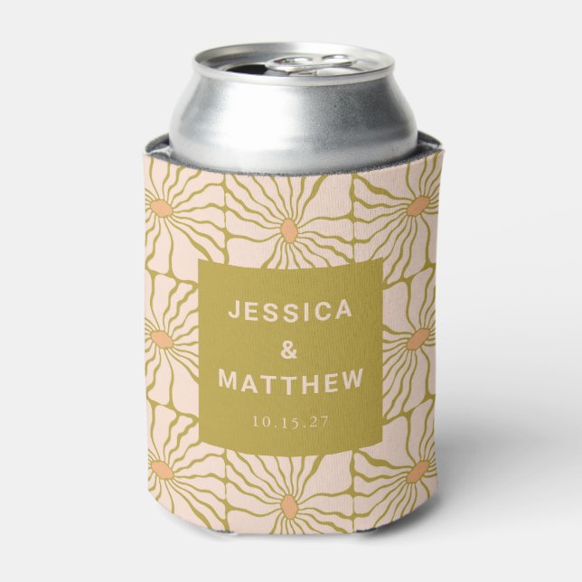 Groovy Retro Chartreuse Botanical Custom Wedding Can Cooler (Can Front)