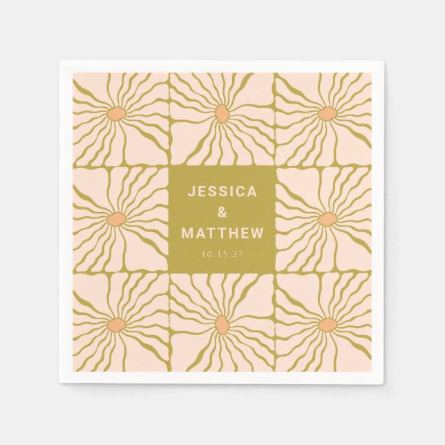 Groovy Retro Chartreuse Botanical Custom Wedding Napkins (Front)