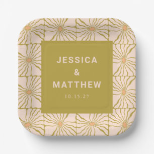 Groovy Retro Chartreuse Botanical Custom Wedding Paper Plates