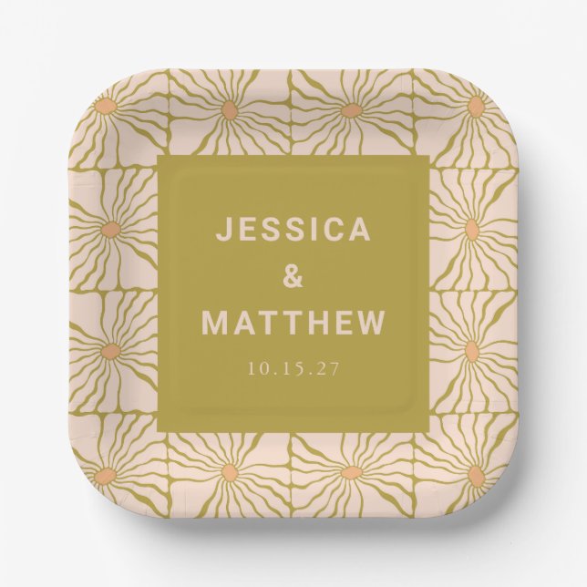 Groovy Retro Chartreuse Botanical Custom Wedding Paper Plates (Front)
