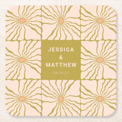 Groovy Retro Chartreuse Botanical Custom Wedding Square Paper Coaster