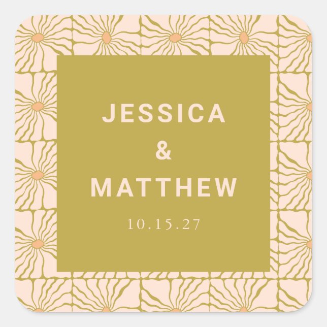 Groovy Retro Chartreuse Botanical Custom Wedding Square Sticker (Front)