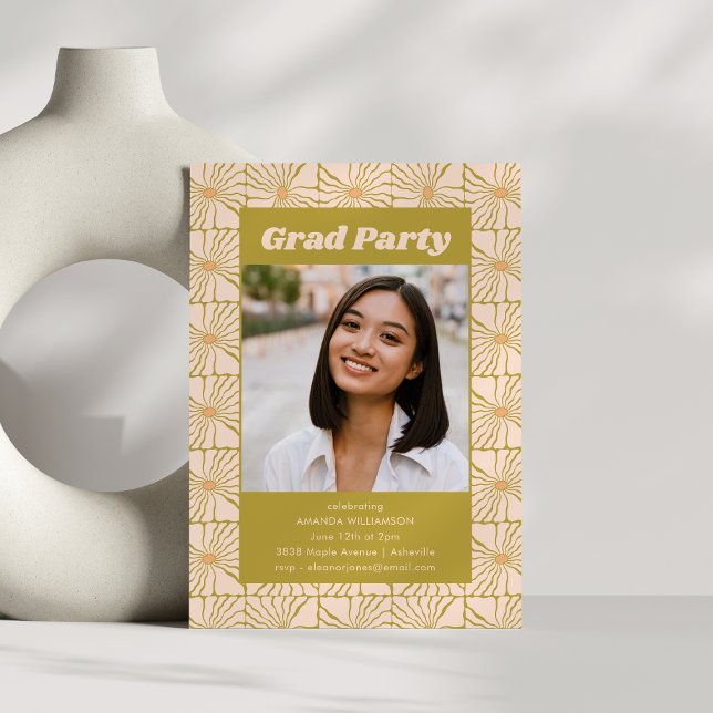 Groovy Retro Chartreuse Botanical Grad Party Photo Invitation (Creator Uploaded)