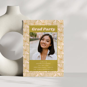 Groovy Retro Chartreuse Botanical Grad Party Photo Invitation