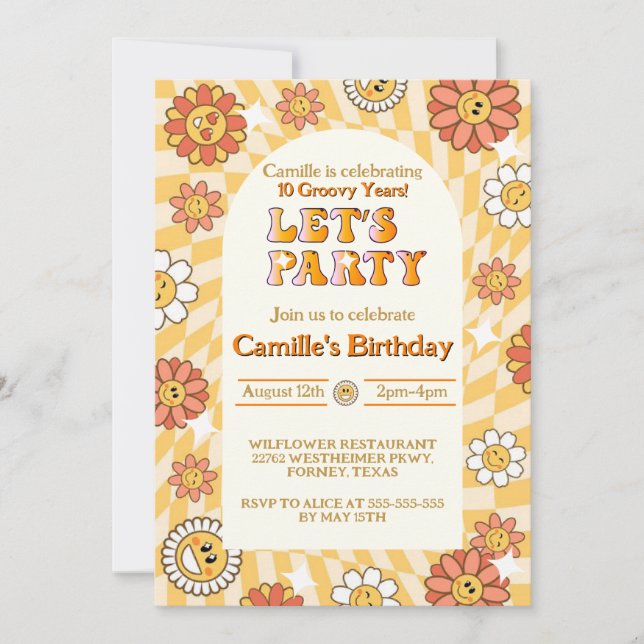  Groovy Retro Checkerboard  daisy birthday  Invitation (Front)