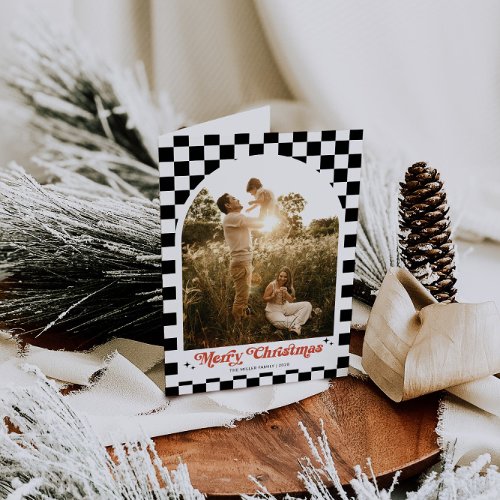 Groovy Retro Checkered Arch Photo Holiday Card